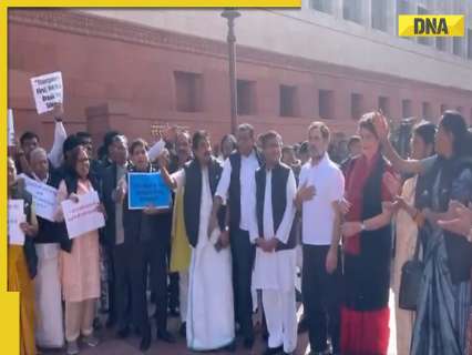 LoP Rahul Gandhi, opposition MPs hold protest over Adani issue on Parliament premises: ‘Modi aur Adani…’ LoP Rahul Gandhi, opposition MPs hold protest over Adani issue on Parliament premises: ‘Modi aur Adani…’