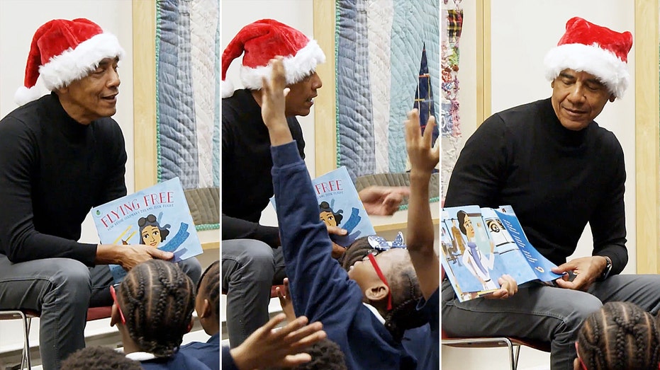 Obama surprises Chicago students in Santa hat for holiday library story time reading session Obama surprises Chicago students in Santa hat for holiday library story time reading session