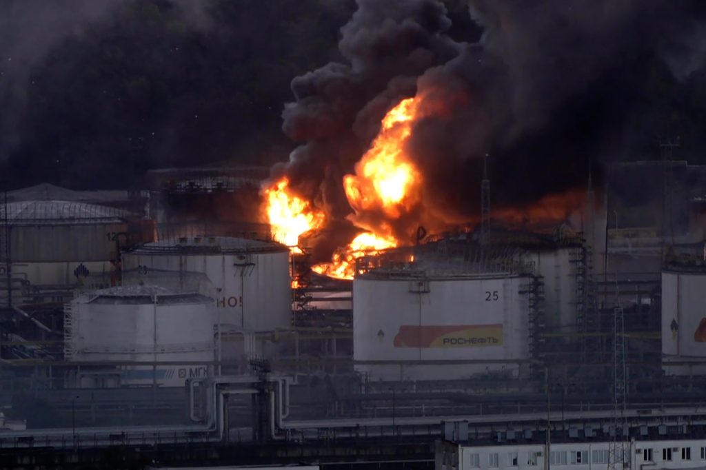 Fires ignited by Ukrainian drones rage at Russian oil refinery
