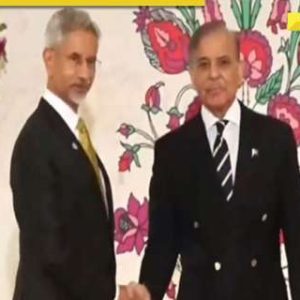 EAM Jaishankar and Pakistan PM Sharif shake hands at SCO reception