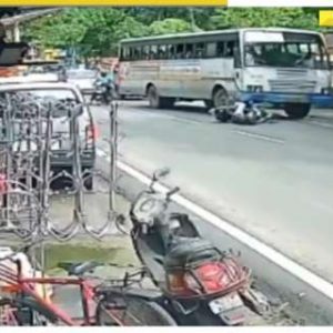 SHOCKING: Viral video shows a careless biker miraculously escapes DEATH after hitting a bus head-on – WATCH