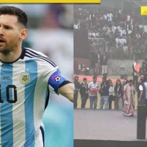 WATCH: Crowd at Delhi’s Arun Jaitley Stadium chants ‘AQI’ as CM Rekha Gupta meets Lionel Messi