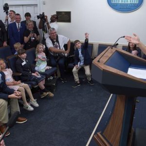 Children take over White House briefing room with questions about Trump’s favorite ice cream, superpower