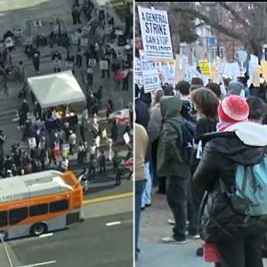 Nationwide walkout draws thousands into streets on anniversary of Trump’s inauguration