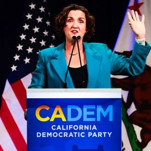 Katie Porter holds ‘F— TRUMP’ sign at California Democratic convention