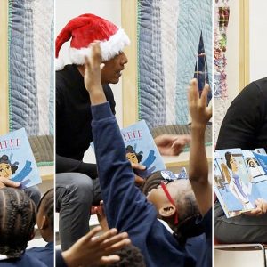 Obama surprises Chicago students in Santa hat for holiday library story time reading session