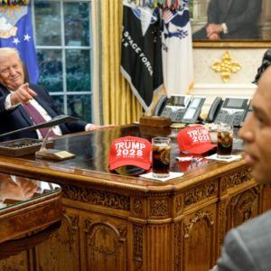 Trump taunts Democrat leaders with ‘Trump 2028’ hats in Oval Office as shutdown approaches
